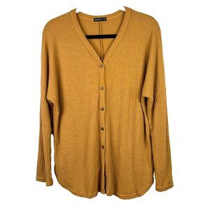 Miholl Rust Orange Gold Waffle Knit Thermal T Shirt Long Sleeves Button Front S